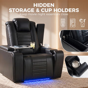 Black recliner with close-ups of the hidden armrest storage and cup holder