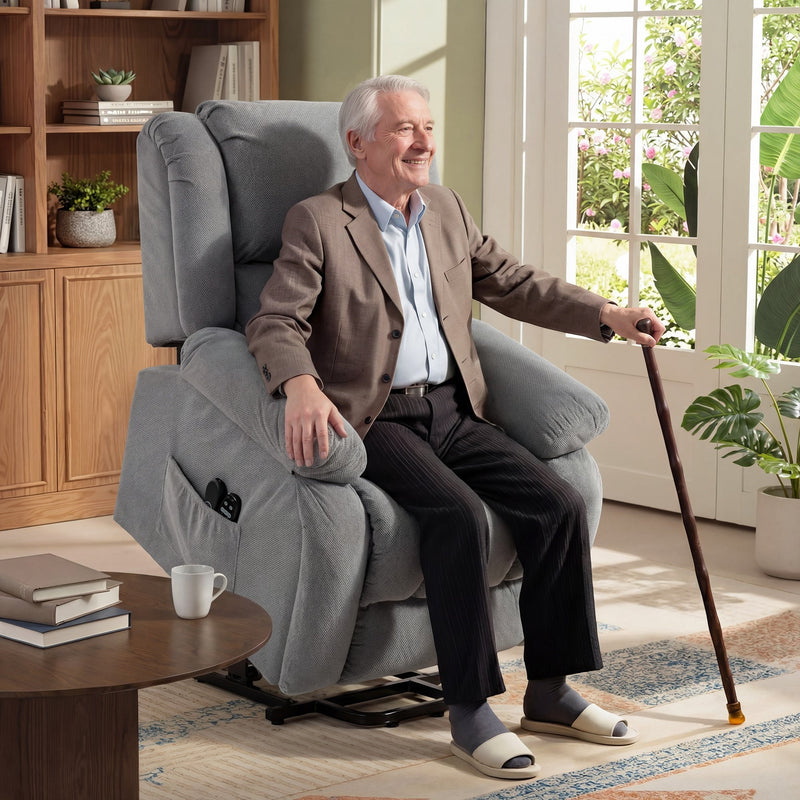 Elderly man standing beside the light grey lift recliner chair in a living room
