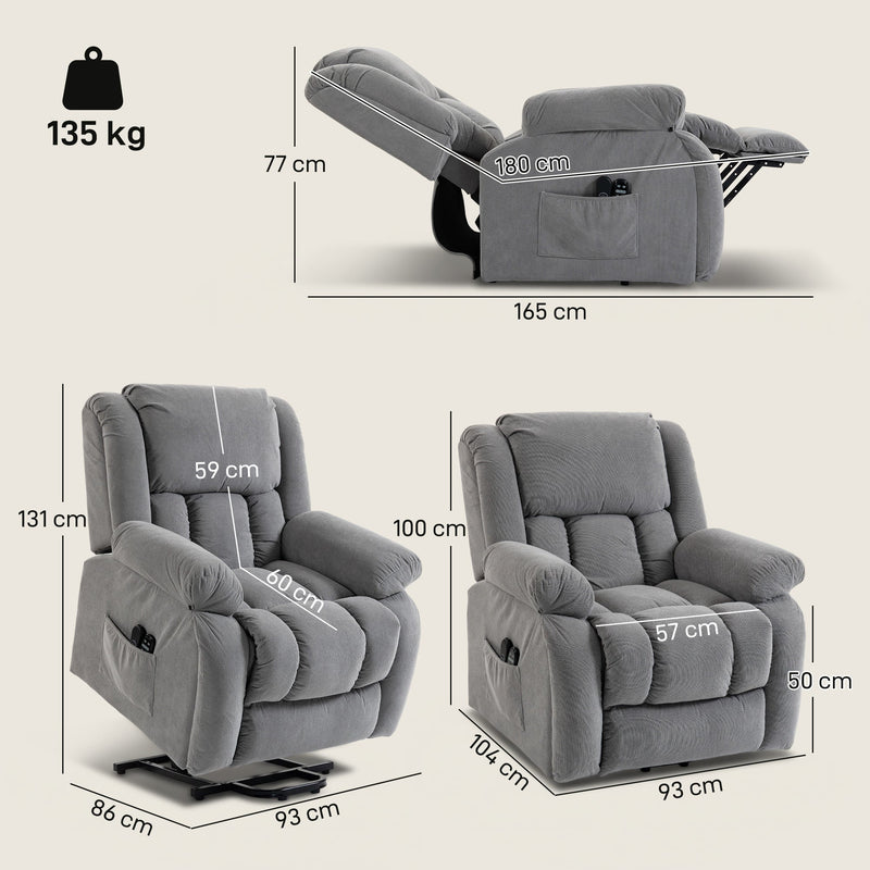 Dimension diagram of the light grey recliner in upright, reclined and lifted positions