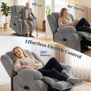 Recliner chair shown in lift, upright and reclined positions with angle markers