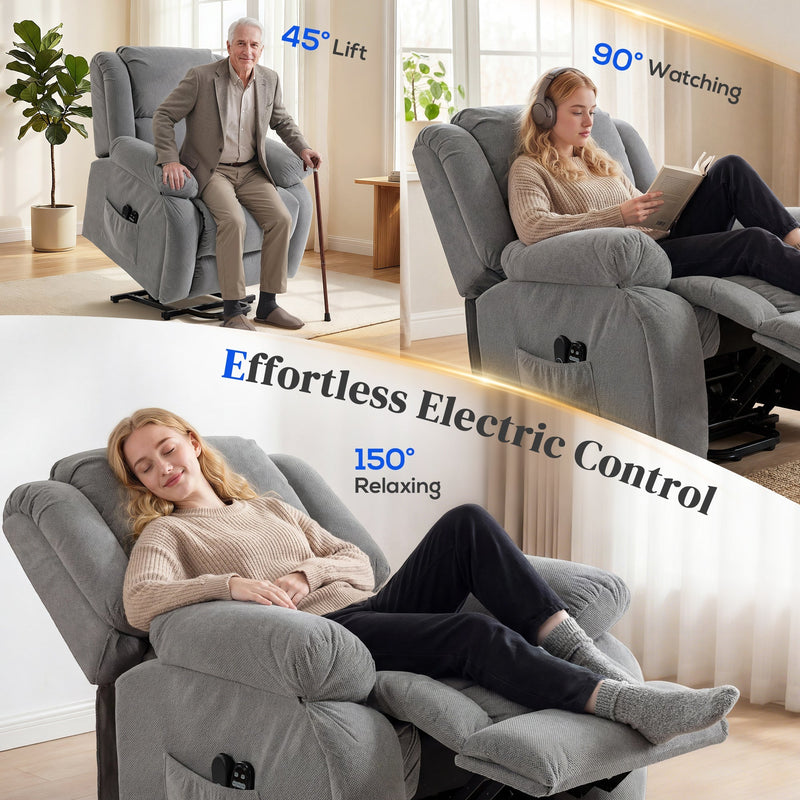 Recliner chair shown in lift, upright and reclined positions with angle markers