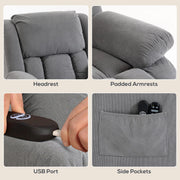 Close-up panels showing the headrest, padded armrests, USB port and side pocket