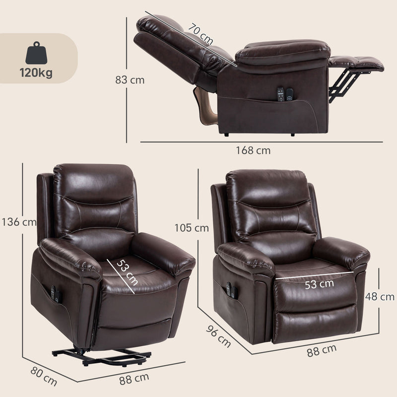 Dimensions diagram of the riser recliner chair showing 88 cm width, 105 cm height and 168 cm reclined depth