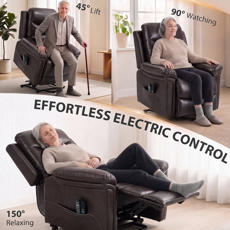 Three views of the riser recliner in the 45 degree lift, 90 degree sitting and 150 degree reclined positions