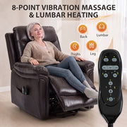 Woman relaxing in the riser recliner with the 8-point massage and lumbar heat remote control shown
