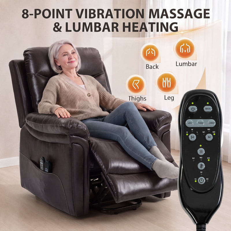 Woman relaxing in the riser recliner with the 8-point massage and lumbar heat remote control shown