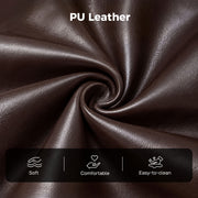 Close-up of the PU leather texture with soft, comfortable and easy-to-clean icons