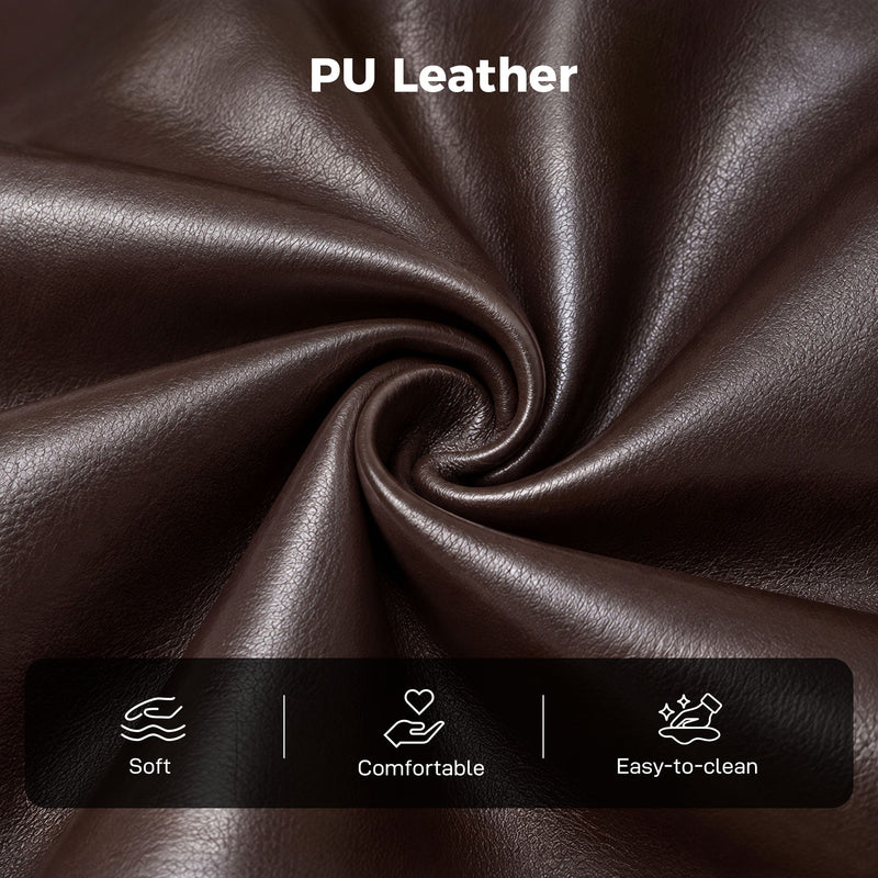Close-up of the PU leather texture with soft, comfortable and easy-to-clean icons