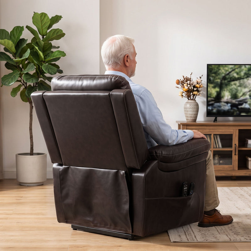 Man seated in the riser recliner watching TV in a living room