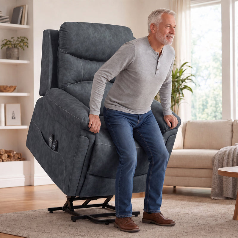 Man standing up from the riser recliner chair as the power lift raises the seat