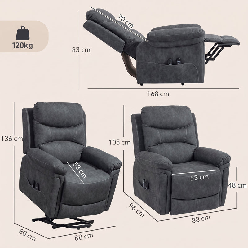 Dimensions diagram of the riser recliner chair showing 88 cm width, 105 cm height and 168 cm reclined depth