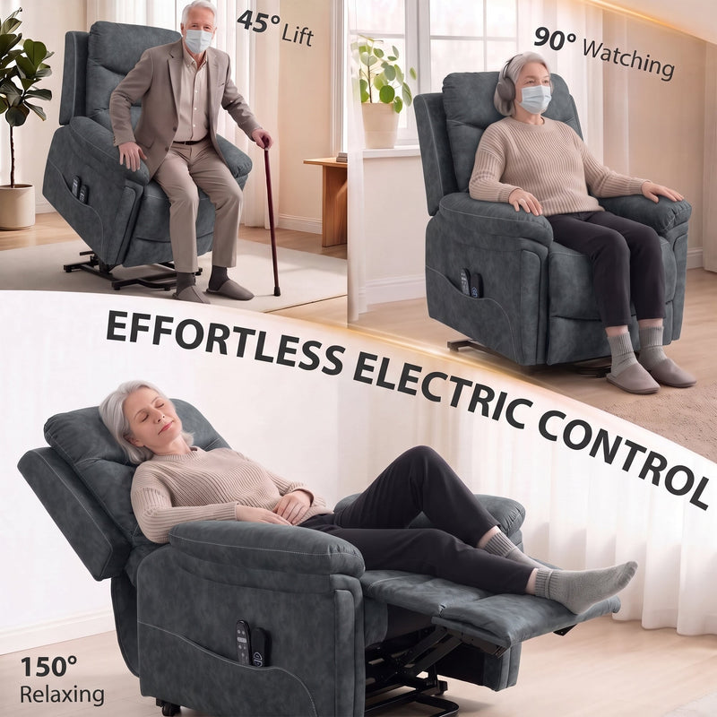 Three views of the riser recliner in the 45 degree lift, 90 degree sitting and 150 degree reclined positions