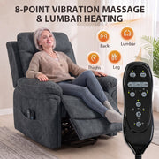 Woman relaxing in the riser recliner with the 8-point massage and lumbar heat remote control shown