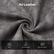 Close-up of the PU leather texture with soft, comfortable and easy-to-clean icons