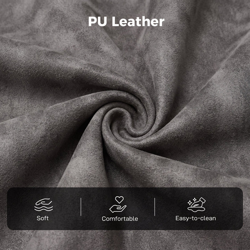 Close-up of the PU leather texture with soft, comfortable and easy-to-clean icons