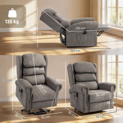 Dimensions diagram showing the recliner's overall, reclined, lifted and seat measurements