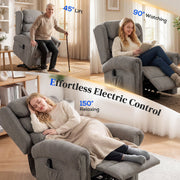 Three positions of the electric riser recliner: 45 degree lift, 90 degree upright and 150 degree recline