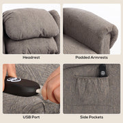 Close-up grid of the headrest, padded armrest, remote USB port and side pocket