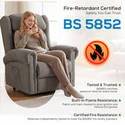 Woman relaxing in the recliner beside a BS 5852 fire-retardant certification graphic