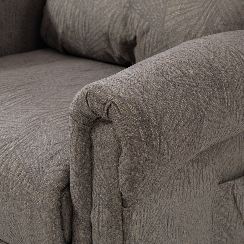 Close-up of the dark grey velvet-feel fabric texture on the recliner's armrest