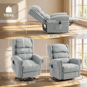 Dimension diagram of the Homcom recliner chair in reclined, lifted and upright positions