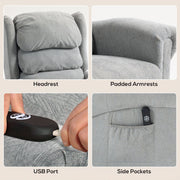 Close-up of the recliner's headrest, padded armrests, USB charging port and side pocket