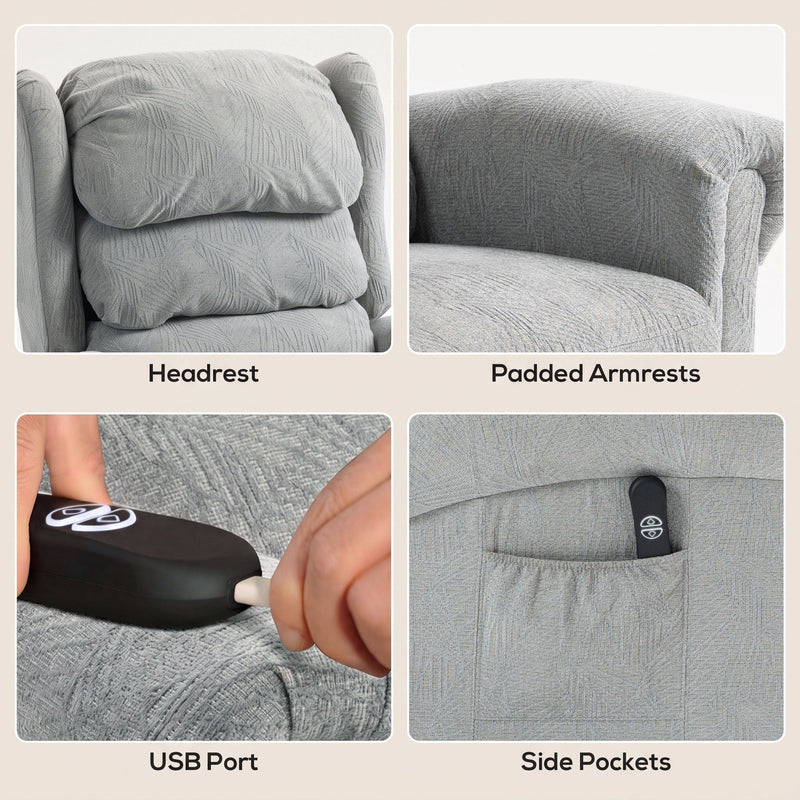 Close-up of the recliner's headrest, padded armrests, USB charging port and side pocket