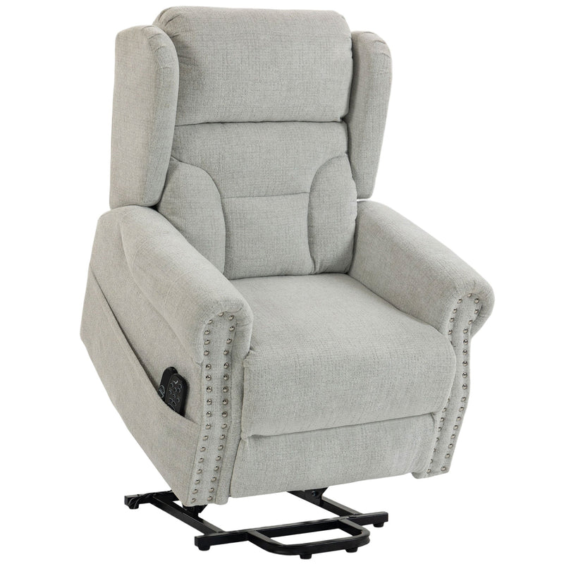HOMCOM electric riser recliner chair in light grey chenille, front three-quarter view