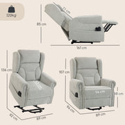 Dimensions diagram of the riser recliner chair showing upright, reclined and lifted sizes