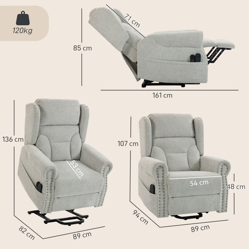 Dimensions diagram of the riser recliner chair showing upright, reclined and lifted sizes