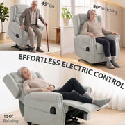 Riser recliner chair shown at 45 degree lift, 90 degree upright and 150 degree recline positions