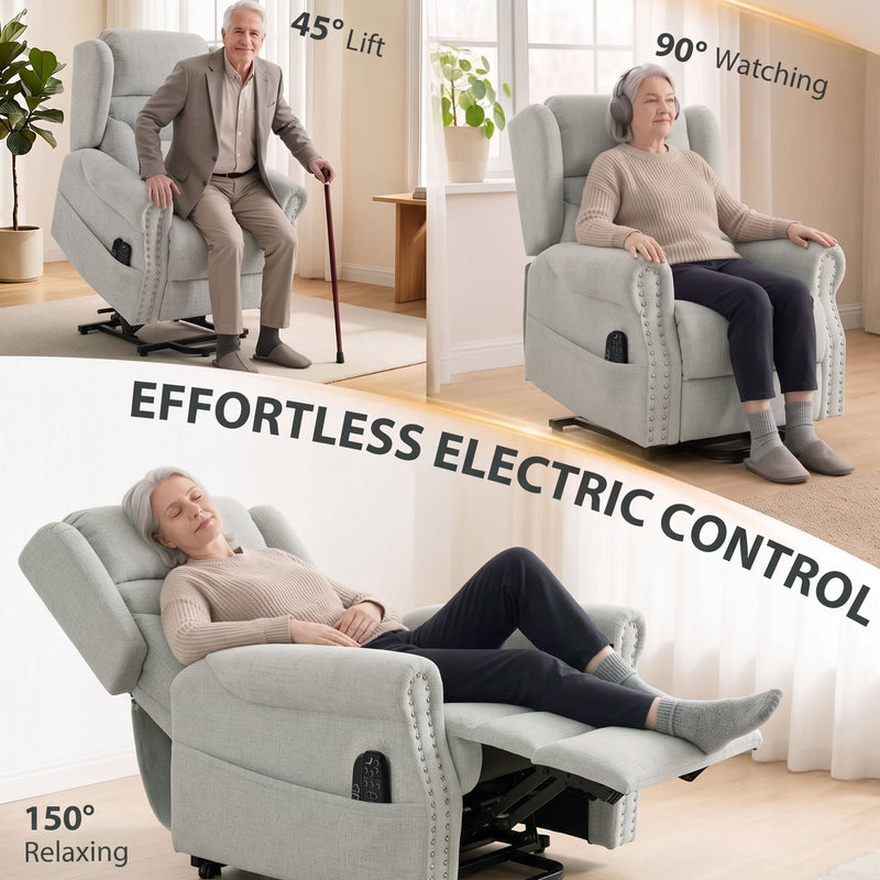 Riser recliner chair shown at 45 degree lift, 90 degree upright and 150 degree recline positions