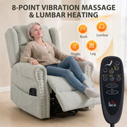 Woman relaxing in the reclined chair with the 8-point massage zones and remote control labelled