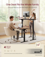Seated and standing users at the desk showing minimum height 72 cm and maximum height 120 cm with 4 memory presets