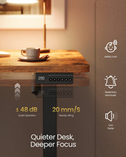Desk control panel showing safety lock, sedentary reminder and low noise features