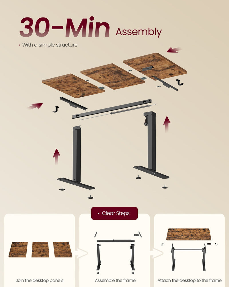 Exploded assembly diagram showing the desktop panels, frame and steps for a 30 minute build