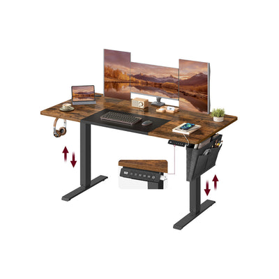 Electric height adjustable standing desk in rustic brown and black with a dual monitor and laptop setup