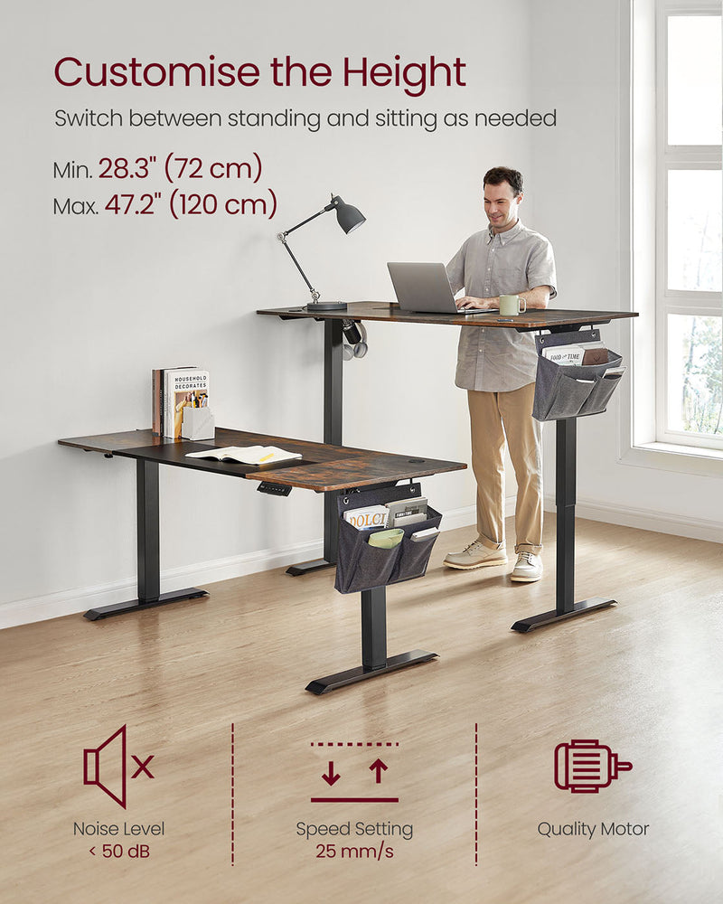 Diagram showing the desk's height adjustment range from 72 cm to 120 cm with a person standing at the desk