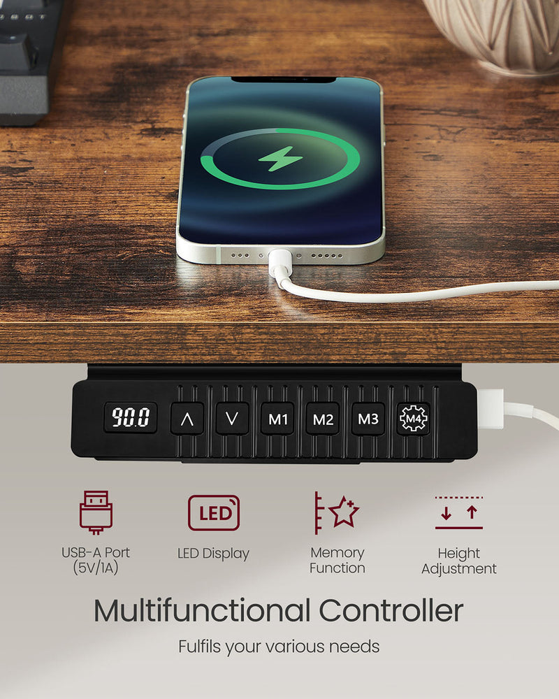 Close-up of the desk's USB-A charging port and multifunctional LED controller with memory preset buttons