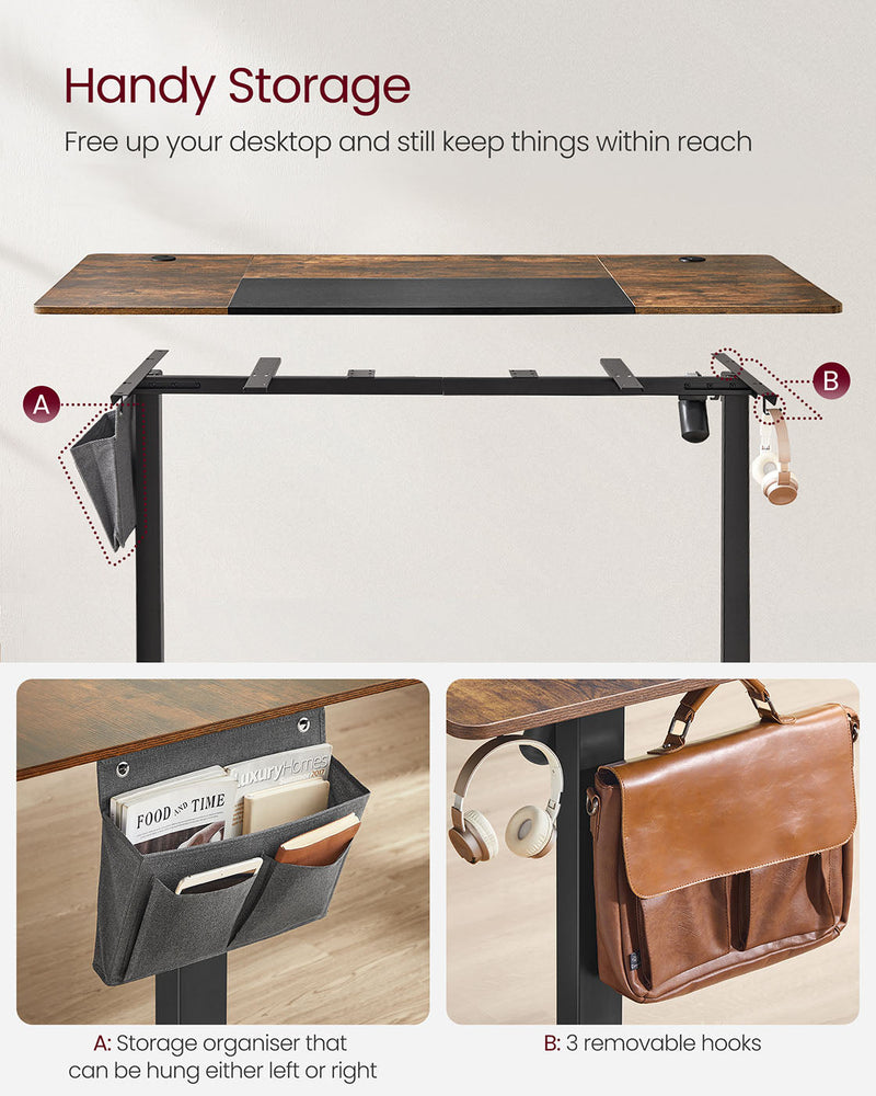 Underside of the desktop showing the hanging storage organiser and 3 removable hooks on the frame