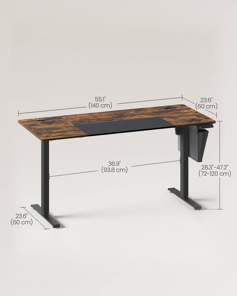 Labelled dimensions diagram showing the desktop at 140 x 60 cm and height adjustable from 72 to 120 cm