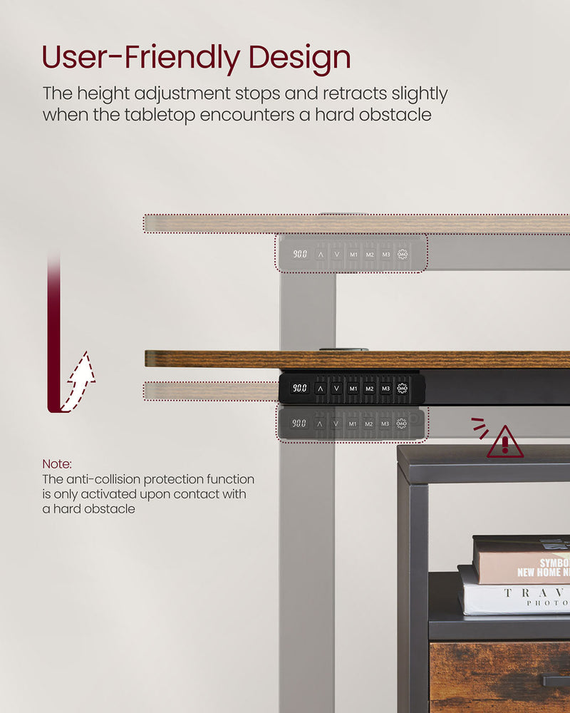 Diagram illustrating the desk's anti-collision protection when the tabletop meets a hard obstacle while moving