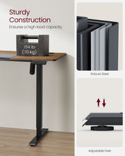 Graphic demonstrating the steel frame's sturdy construction with a 70 kg reference weight and adjustable feet levellers