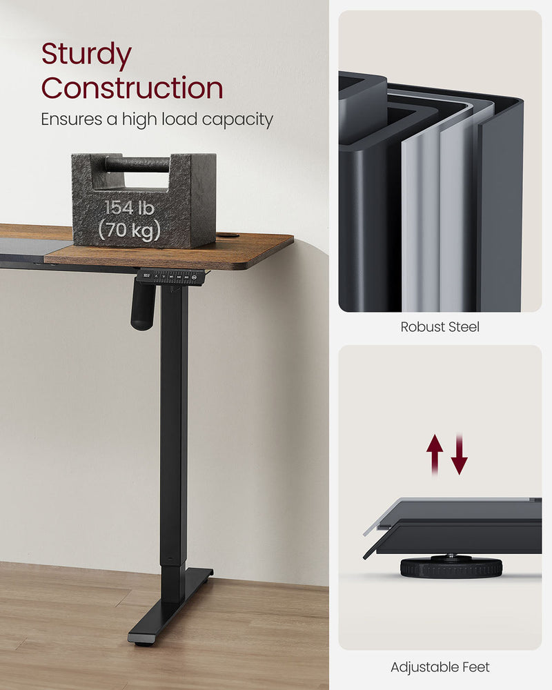 Graphic demonstrating the steel frame's sturdy construction with a 70 kg reference weight and adjustable feet levellers
