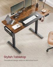 Overhead view of the two-tone rustic brown and black spliced tabletop design