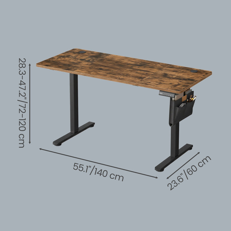 Dimension diagram showing the desk is 140 cm wide, 60 cm deep and adjusts from 72 to 120 cm high