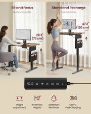 Sitting and standing positions at the rustic brown desk with the memory preset control panel