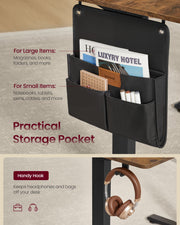 Black fabric side storage pocket and under-desk hook holding headphones on the rustic brown desk