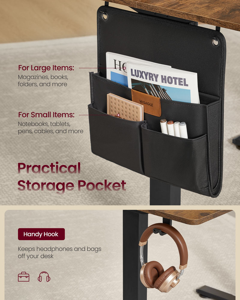 Black fabric side storage pocket and under-desk hook holding headphones on the rustic brown desk