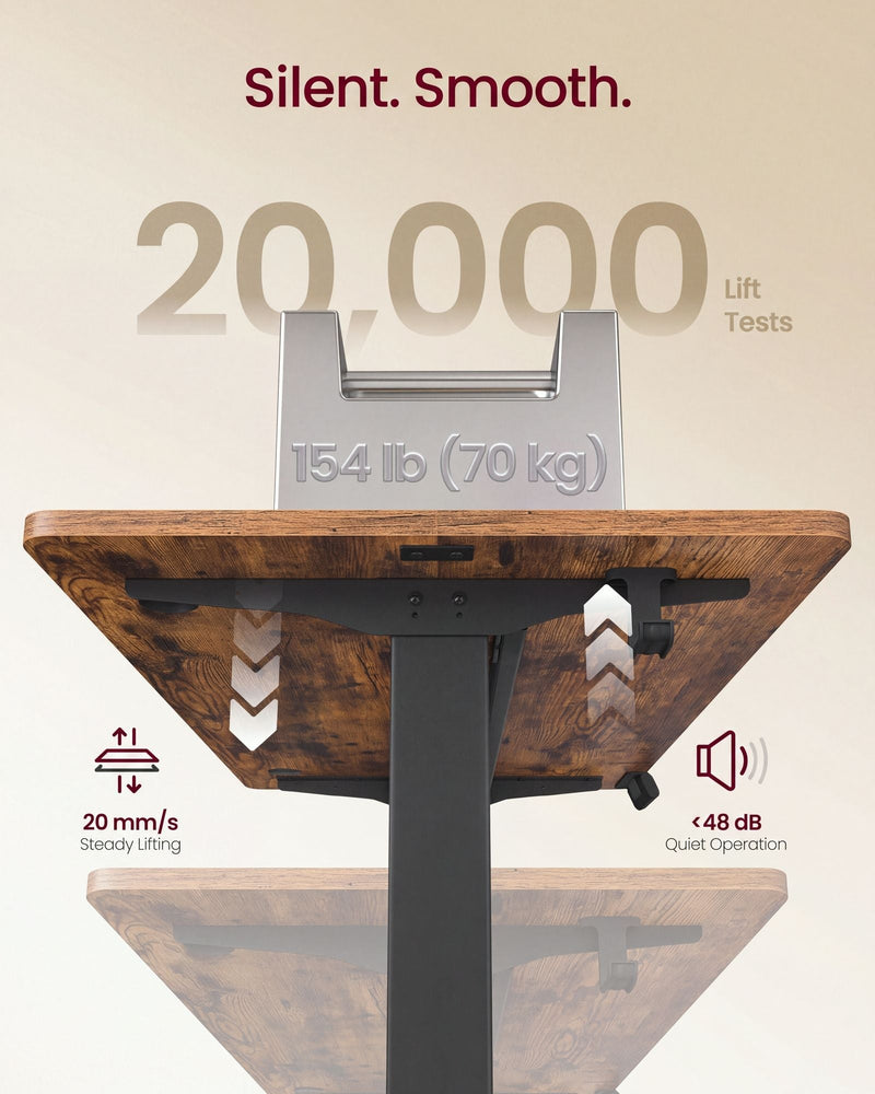Rustic brown desktop lifting on the black column, rated to 70 kg at 20 mm/s and under 48 dB